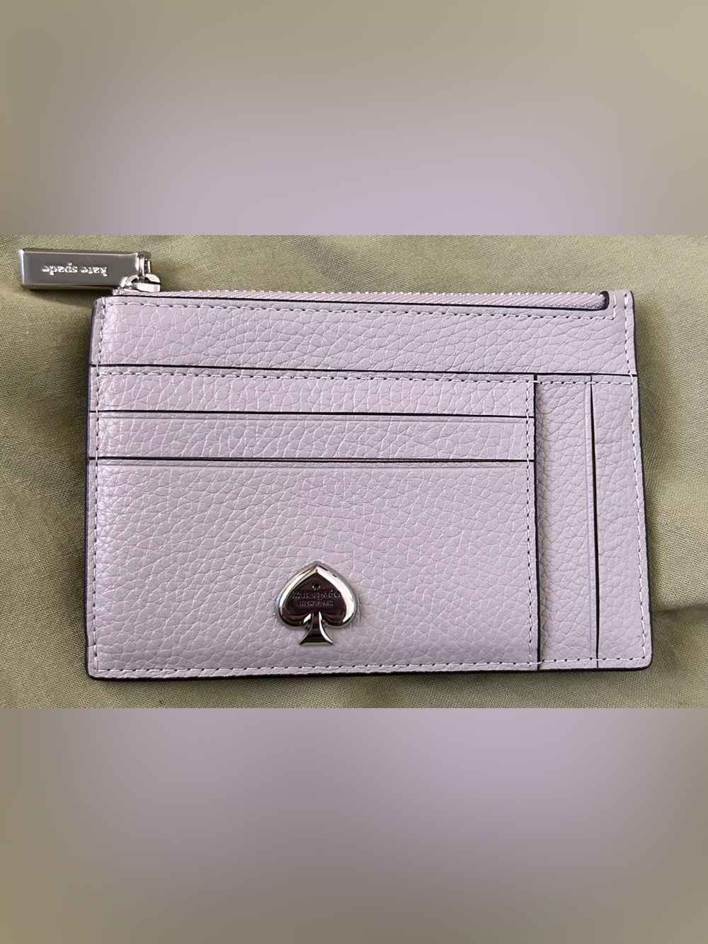kate spade light grey Pebbled Leather Card Wallet with Silver Spade